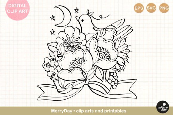 Bird Flower Line Art No. 5: A Graphic Design Asset for Local Brands