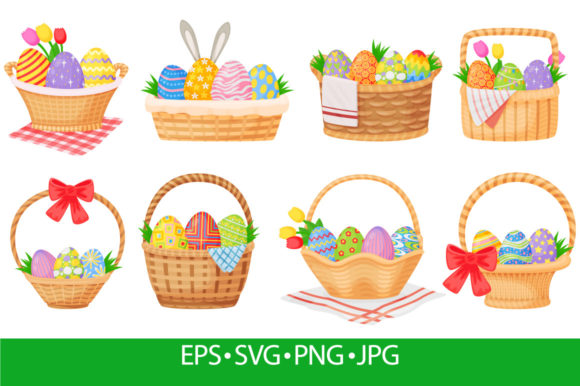 Cartoon Easter Baskets with Painted Eggs: Graphics & Illustrations Review