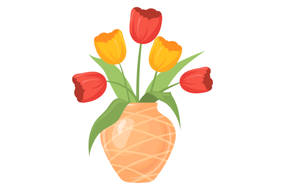 Ceramic Vase with Red and Yellow Tulips: Graphics for Spring Illustrations