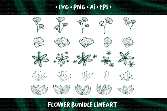 Flower Doodle Line Art in Emerald Green Graphics & Illustrations