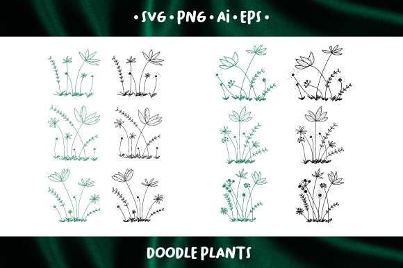 Plant Doodle Clipart in Emerald Green Graphics and Illustrations