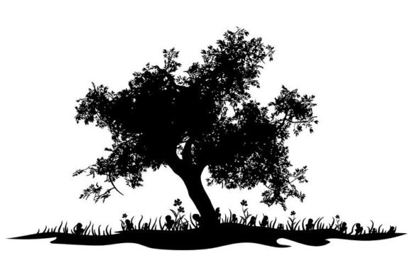 Silhouette of Tree with Grass Graphics for Illustrations