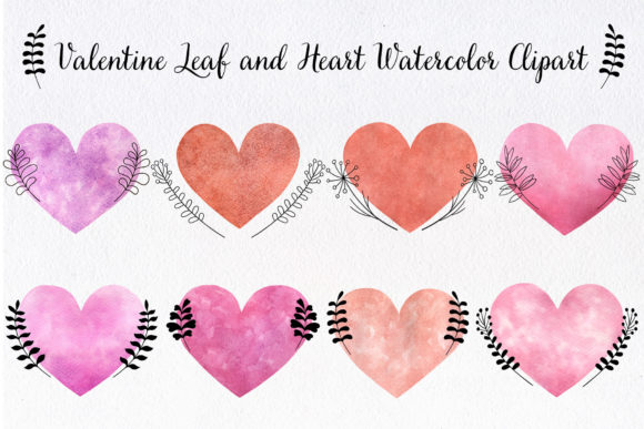 Valentine Leaf and Heart Watercolor Clip for Graphics and Illustrations