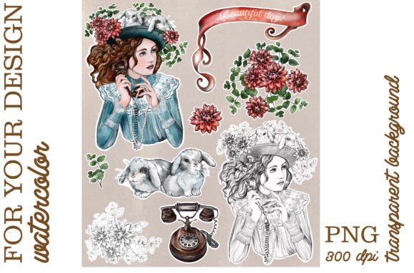 Vintage Watercolor Drawings Girl Phone for Graphics and Illustrations