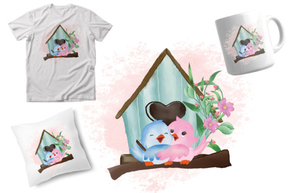 Watercolor Family Bird House Clipart for Graphics & Illustrations